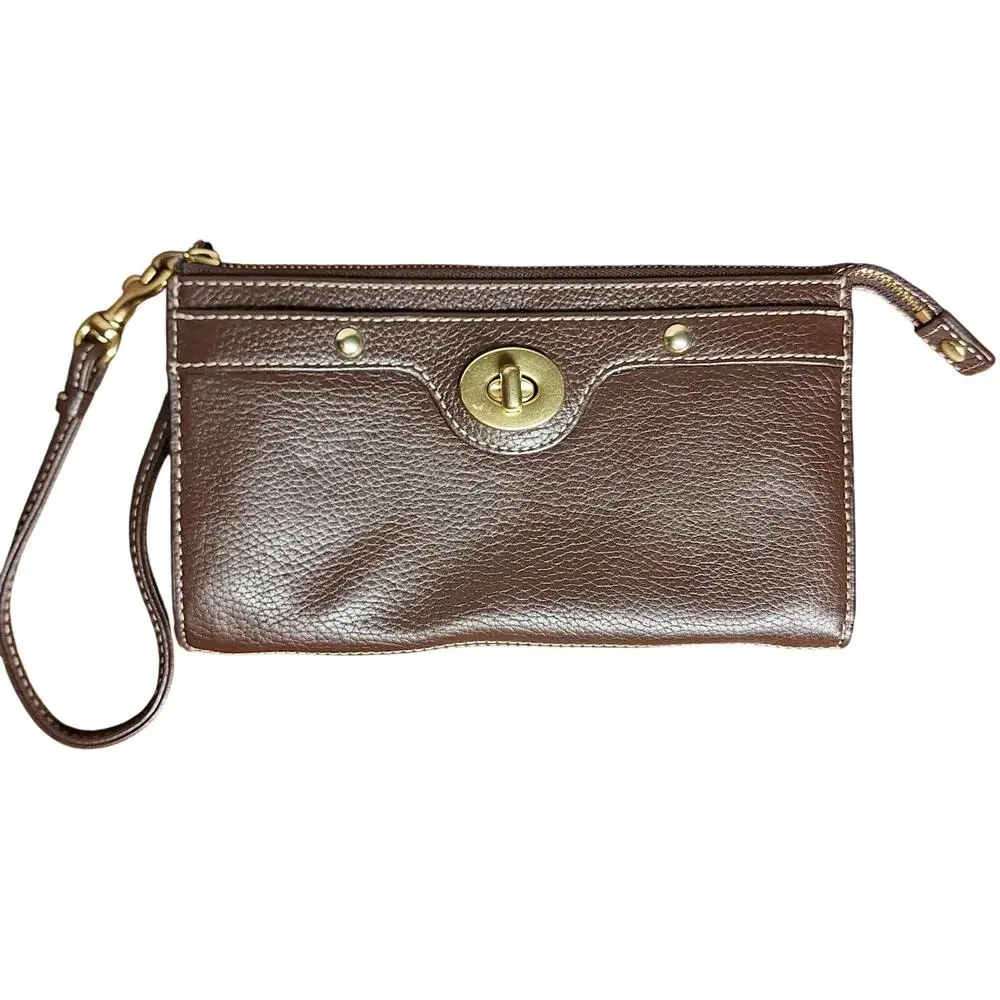Coach vintage turnlock wristlet brown leather & brass wallet minimalist designer